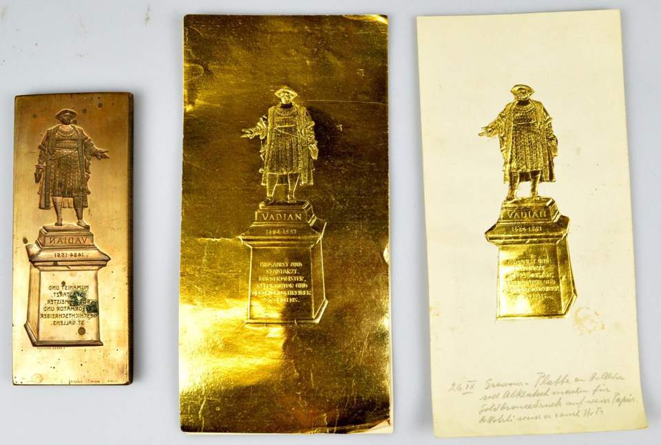 Prägeplatte und geprägte Folien zu Vadiandenkmal