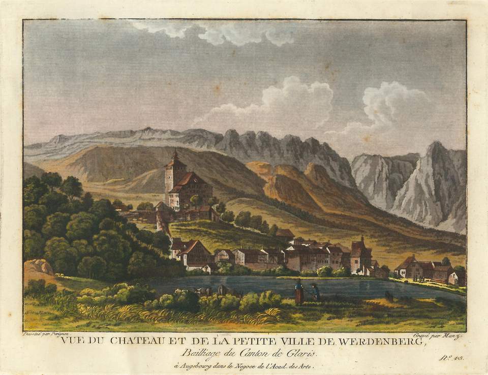 Grafik, Ansicht Schloss und Dorf Werdenberg