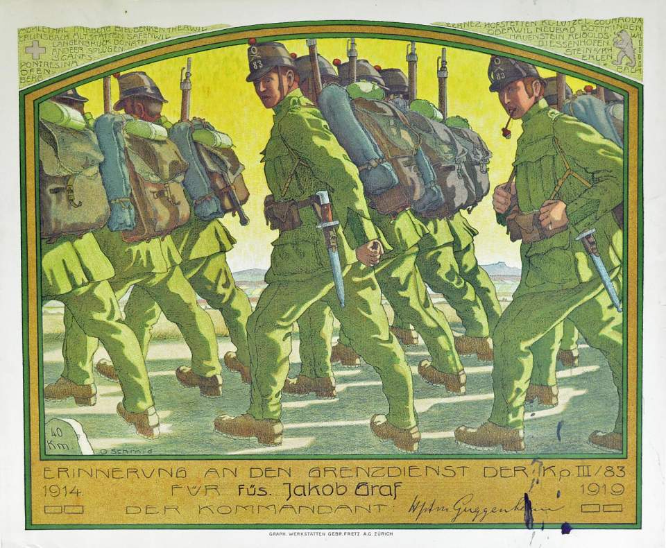 Lithografie „Erinnerung an den Grenzdienst der Kp. III / 83 für Füs. Jakob Graf
