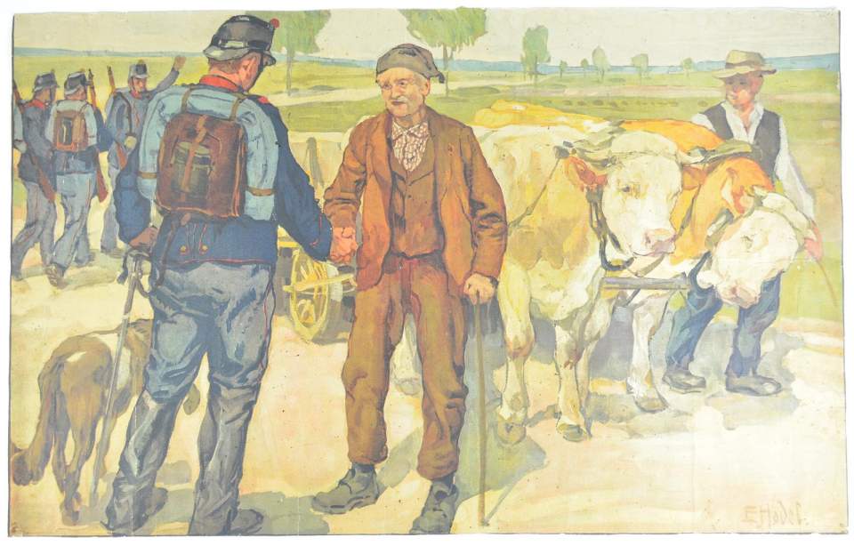 Ernst Hodel: Ölbild „Begegnung Soldaten – Bauern“, 1914