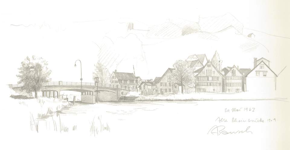 Kunstdruck Zeichnung Rheineck alte Rheinbrücke