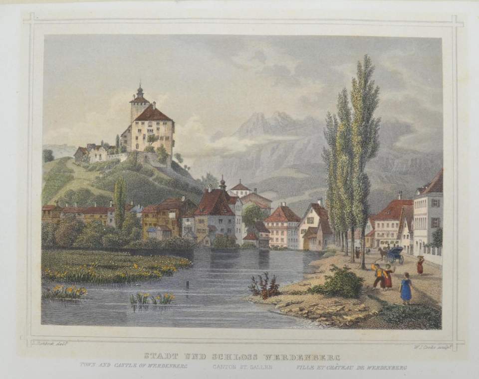 Grafik, Ansicht Stadt und Schloss Werdenberg