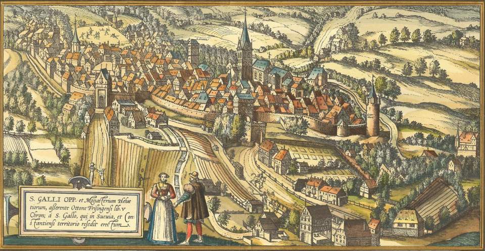 St.Gallen von Westen nach Städtebuch Hogenberg und Braun