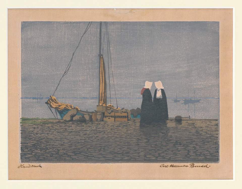 Farbholzschnitt "Frauen im Hafe" Karl Alexander Brendel