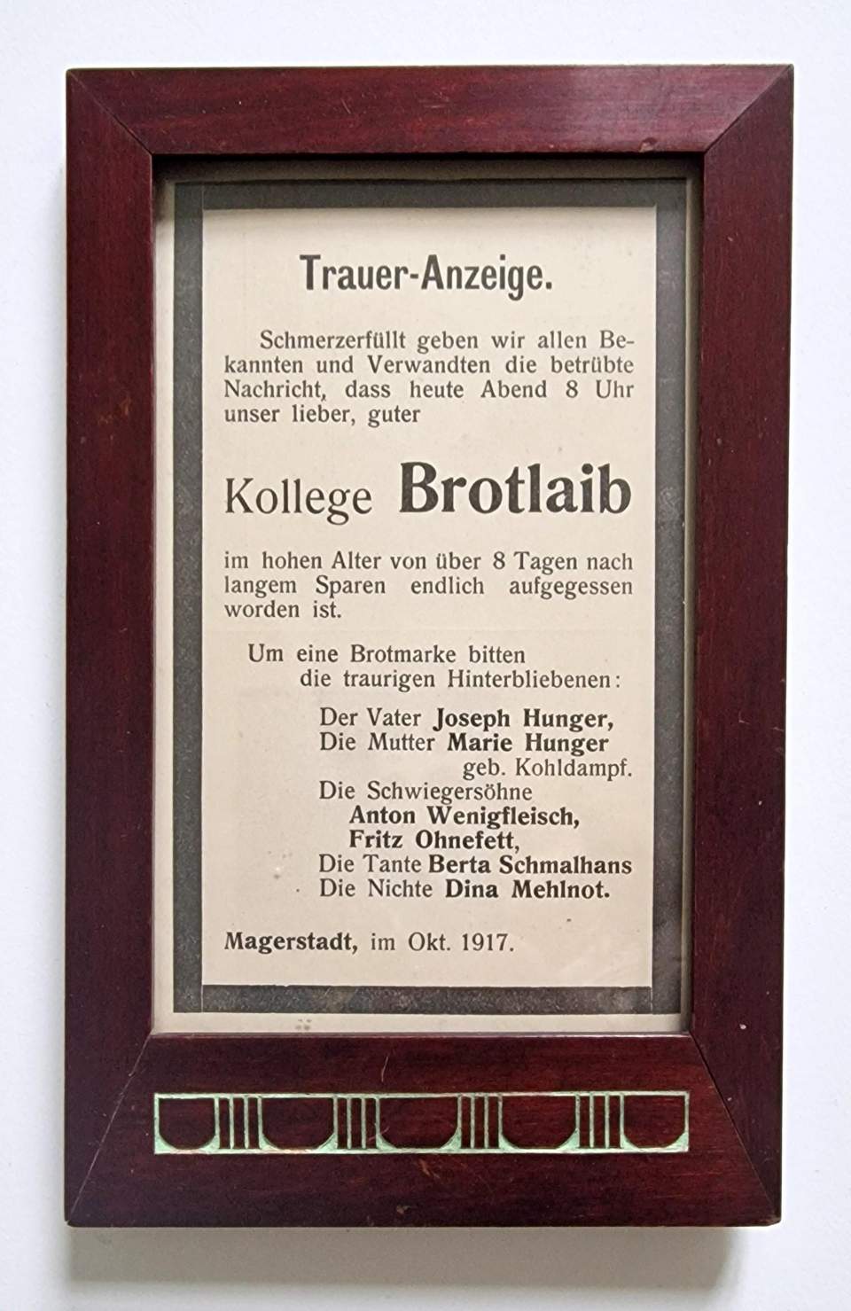 Satirische Traueranzeige für Kollege Brotlaib, Brotrationierung im 1. Weltkrieg
