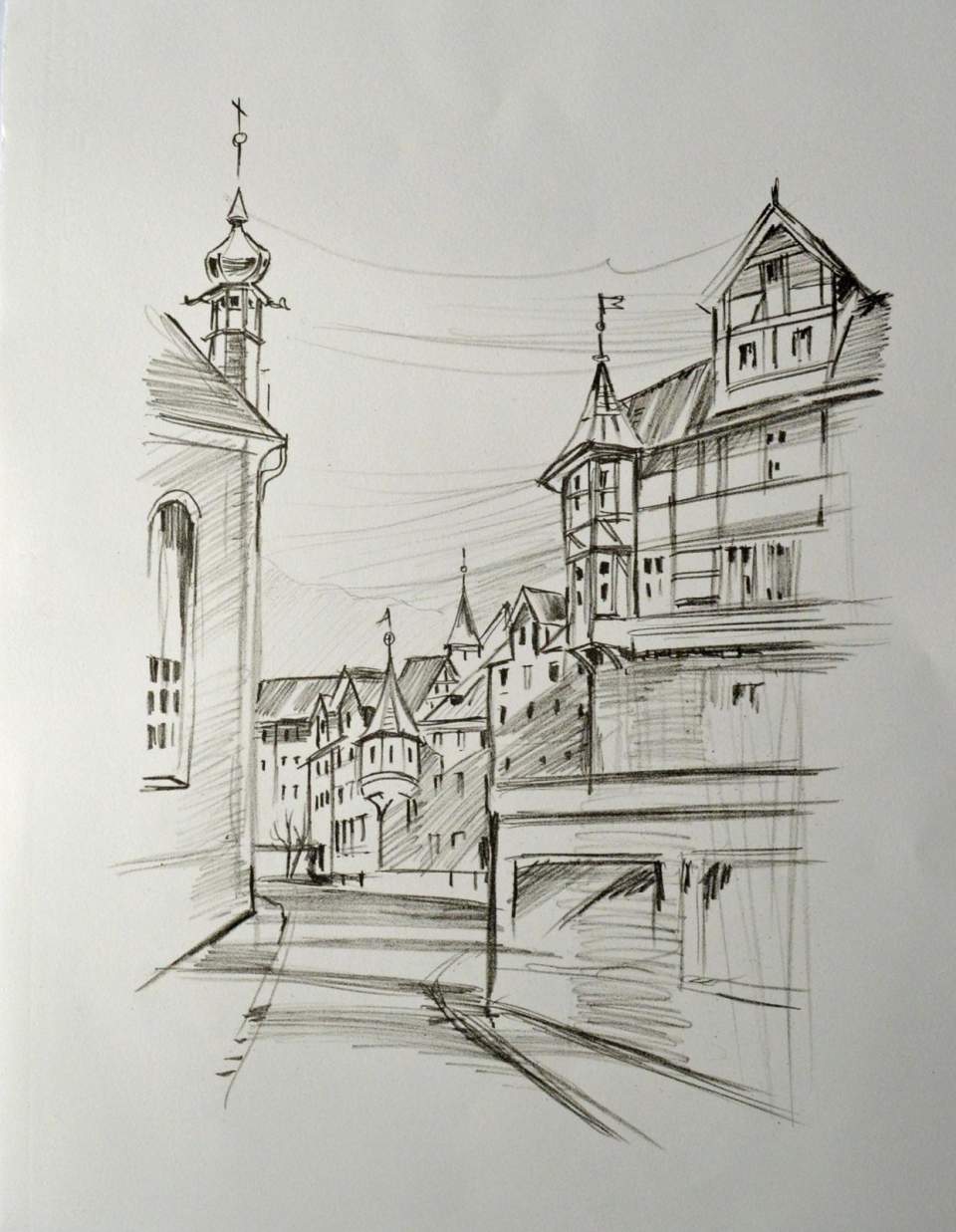 Zeichnung Gallusstrasse mit Blauem Haus und Haus zum Greif, St.Gallen