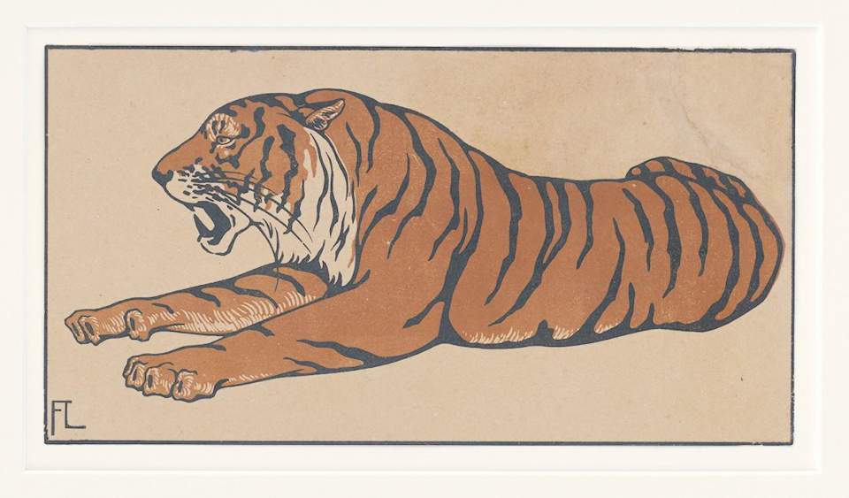 Farbholzschnitt "Liegender Tiger" Fritz Lang