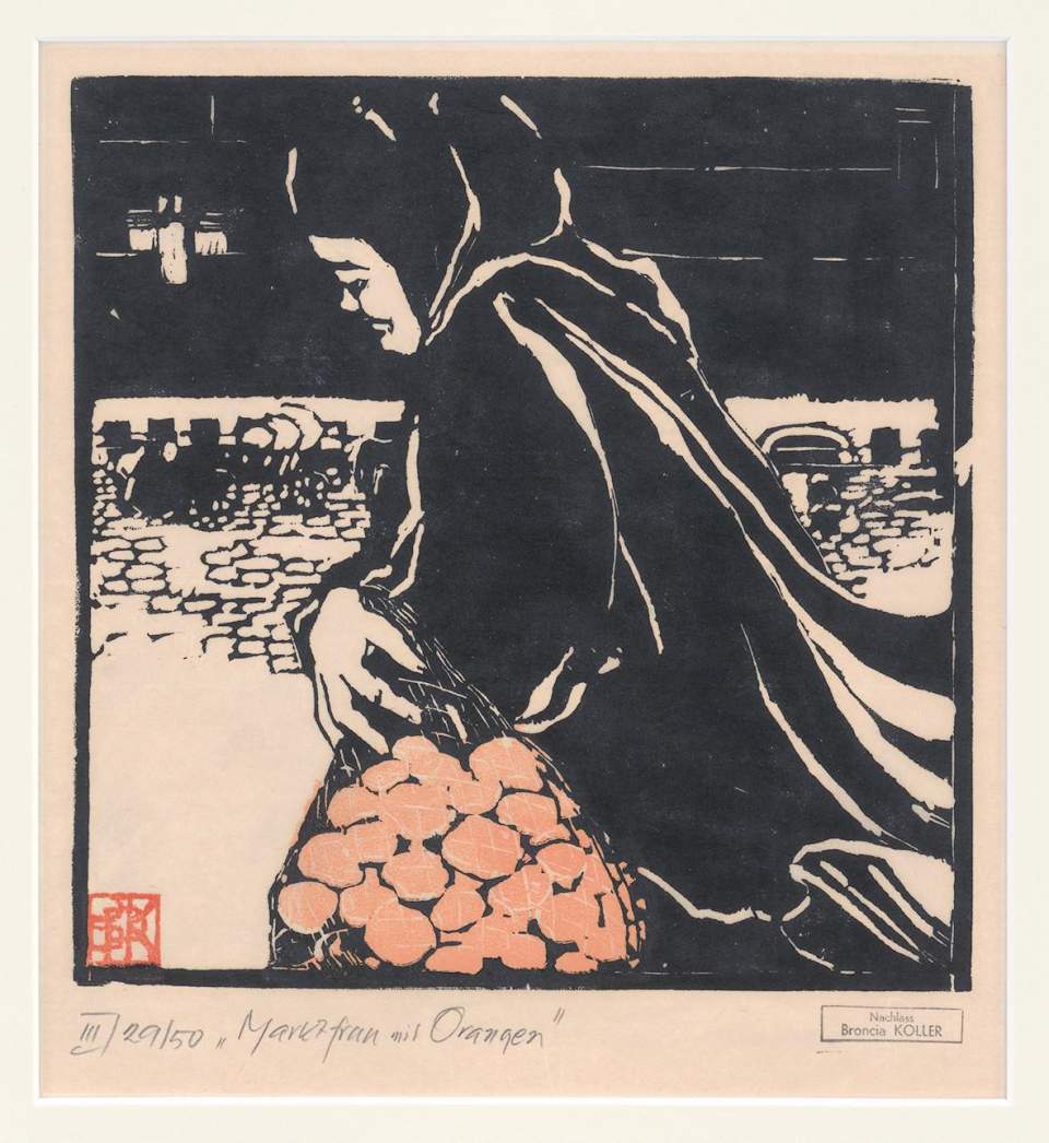 Farbholzschnitt "Marktfrau mit Orangen" 