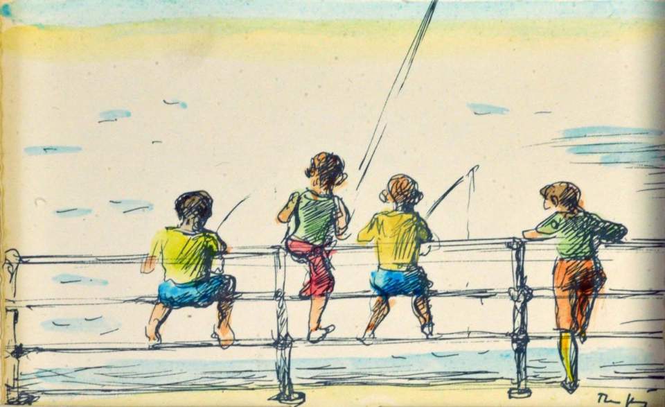 Aquarell, Postkarte, Kinder beim Angeln