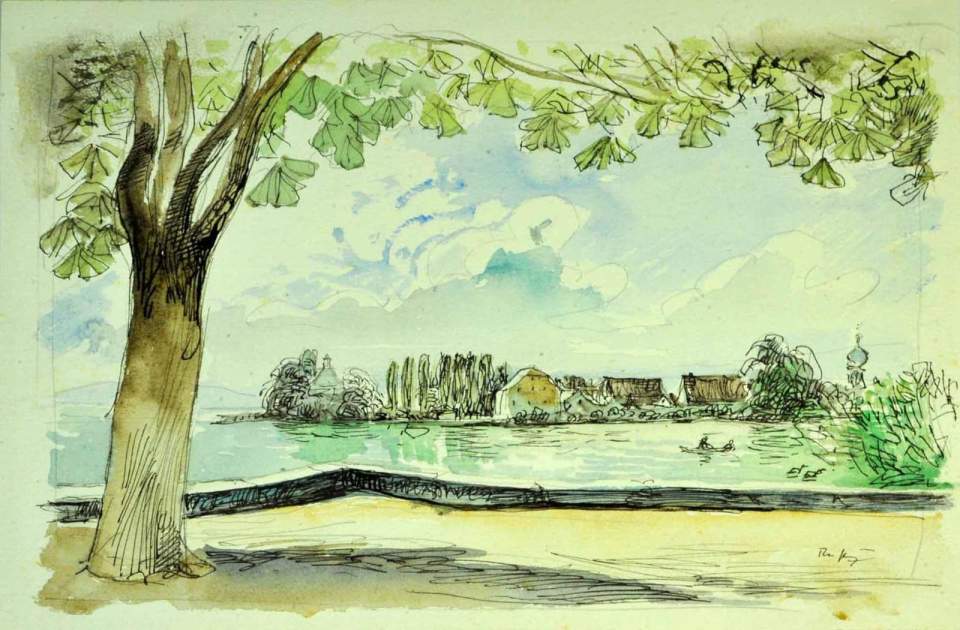 Aquarell, Baum, See