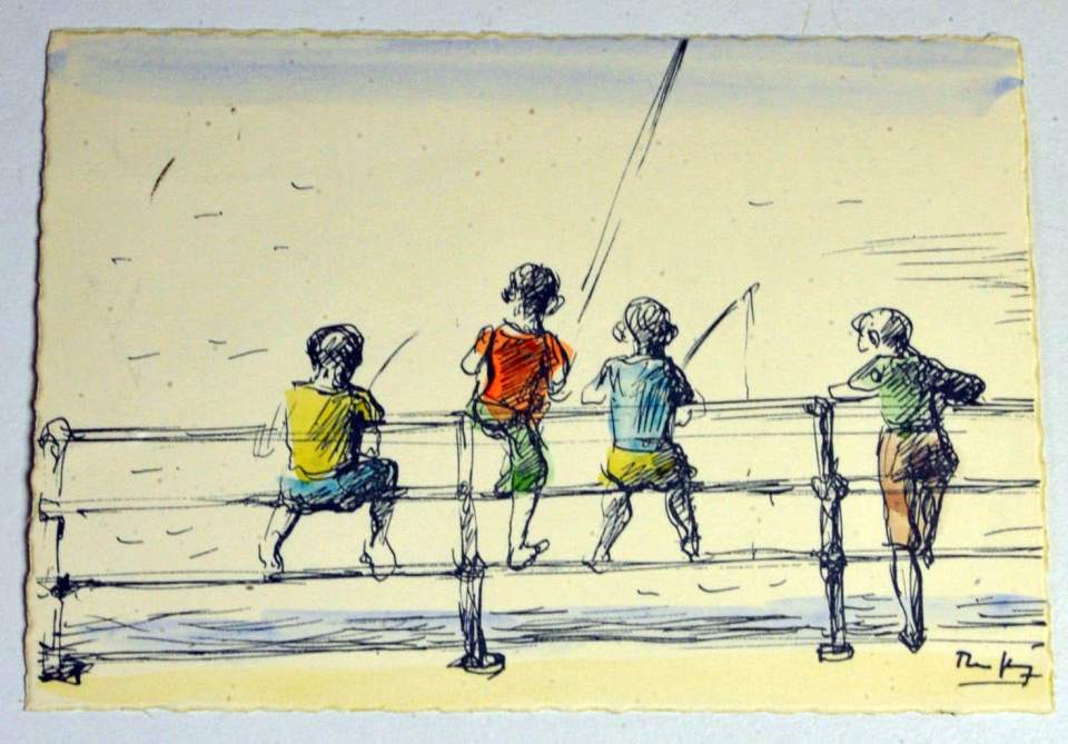 Aquarell, Kinder beim Angeln