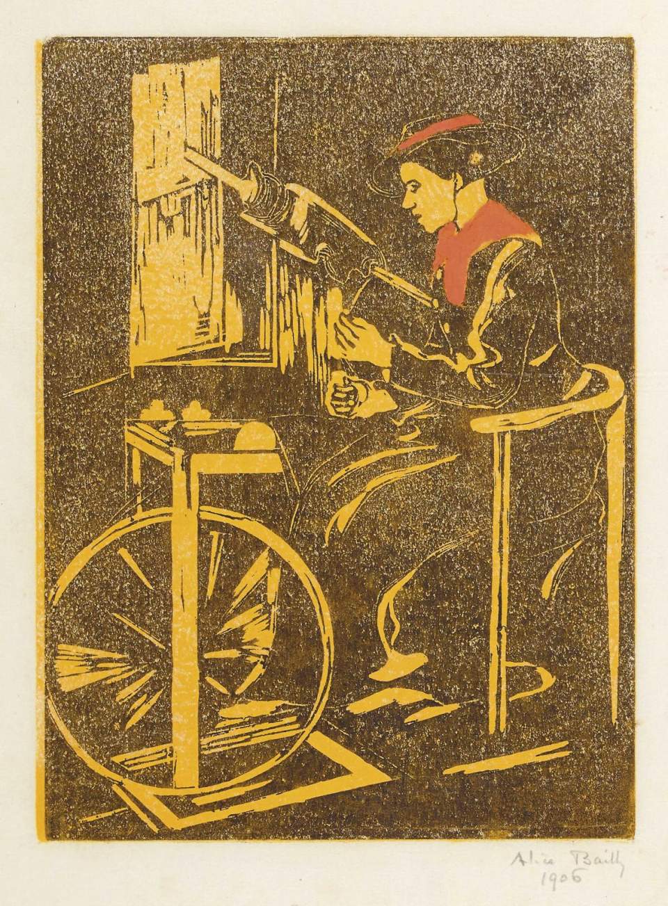 Farbholzschnitt "Frau am Spinnrad"