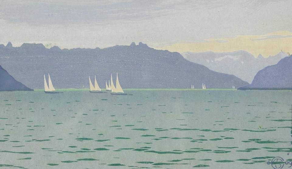 Farbholzschnitt "Vierwaldstättersee mit Segelbooten"