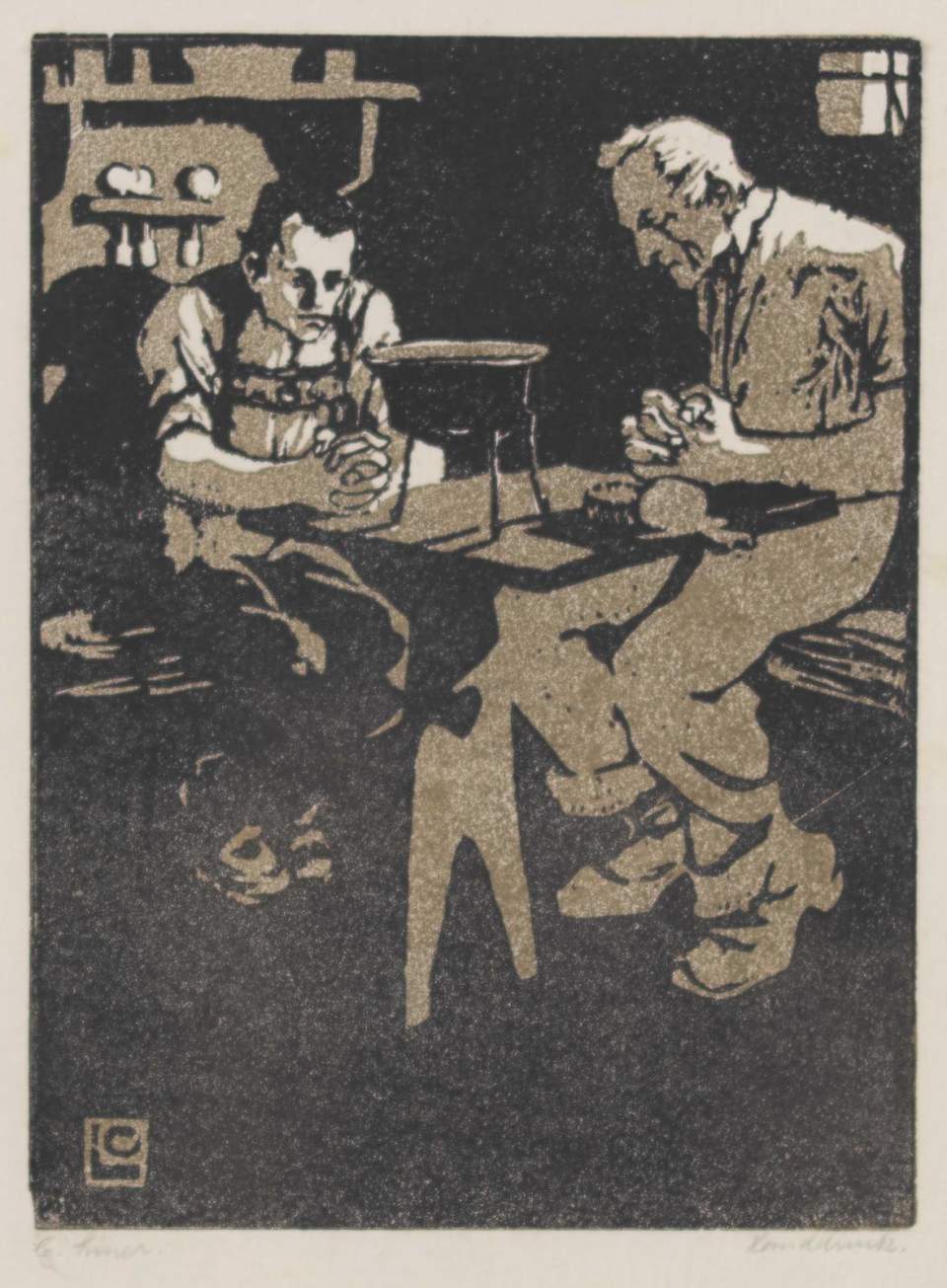 Farbholzschnitt  "Beim Tischgebet"
