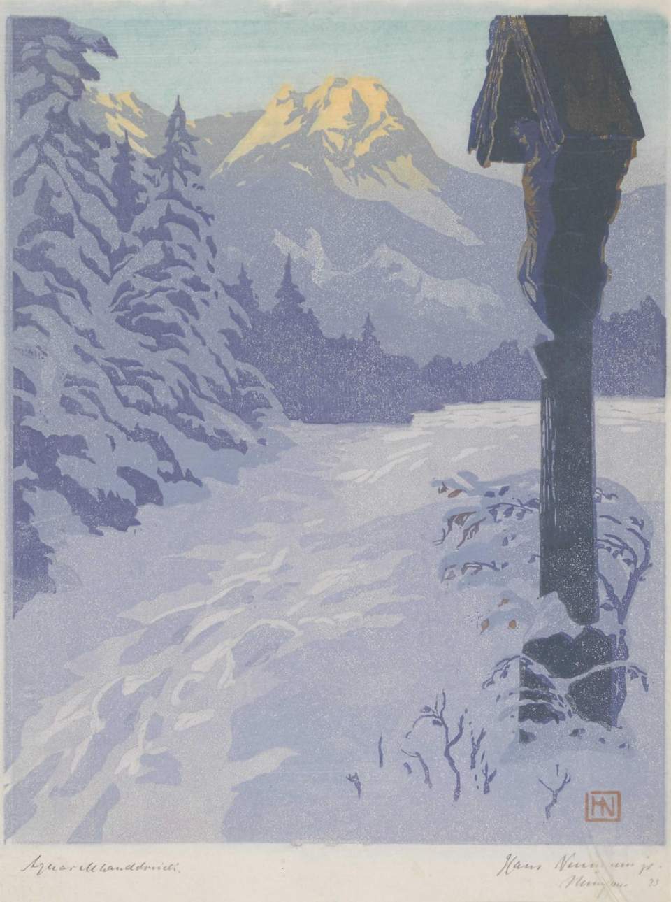 Farbholzschnitt "Winterlandschaft mit Marterl"