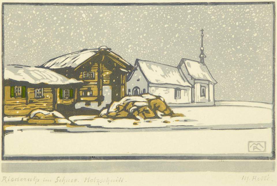 Farbholzschnitt "Riederalp im Schnee"