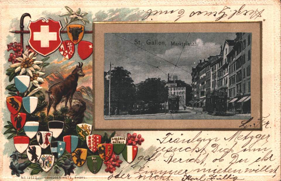 Postkarte St. Gallen Marktplatz, Strassenbahn