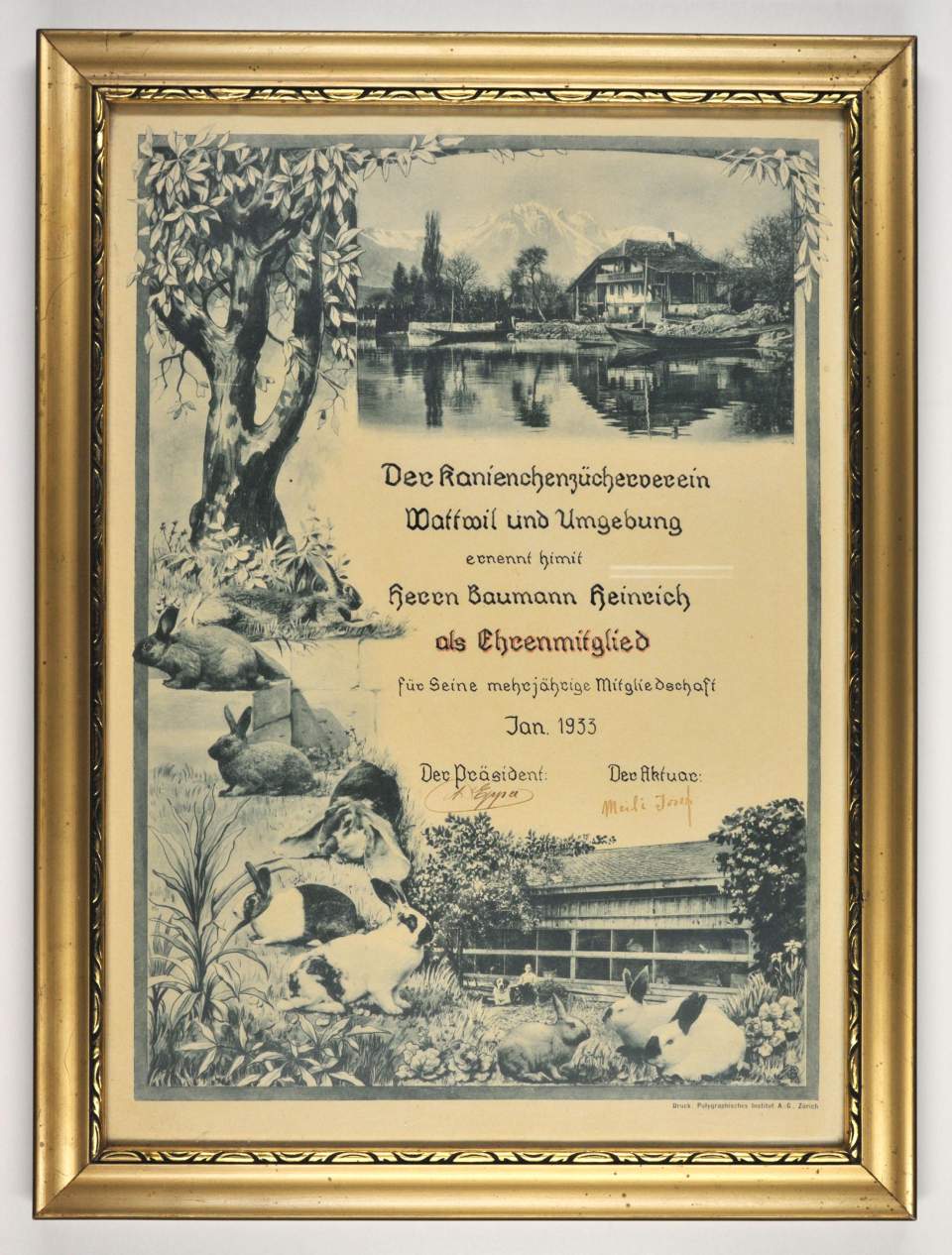 Erinnerungsstücke des Wegmachers Heinrich Baumann, Kirchberg SG - Urkunde Kaninchenzüchterverein