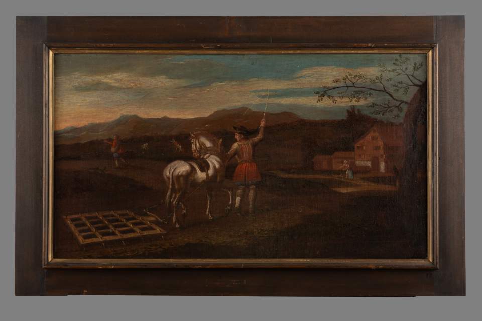 Älteste Bilderfolge zur Verarbeitung von Flachs zu Leinen, Leinwandzyklus (11 Bilder), Bild 2: Eggen - Säen - Jäten