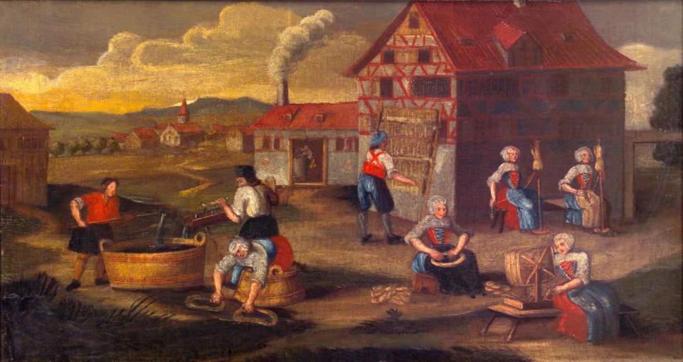 Bilderfolge zur Verarbeitung von Flachs zu Leinen, Leinwandzyklus (11 Bilder), Bild 4: Kochen/Waschen - Darren (Trocknen) - Spinnen - Haspeln - Flechten (zu Zöpfen)