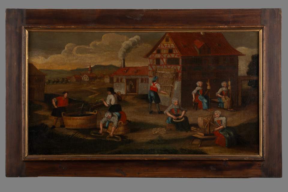 Älteste Bilderfolge zur Verarbeitung von Flachs zu Leinen, Leinwandzyklus (11 Bilder), Bild 4: Kochen/Waschen - Darren (Trocknen) - Spinnen - Haspeln - Flechten (zu Zöpfen)