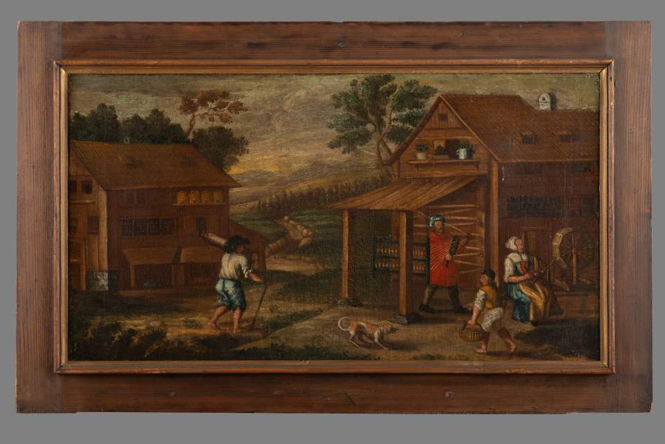 Älteste Bilderfolge zur Verarbeitung von Flachs zu Leinen, Leinwandzyklus (11 Bilder), Bild 5: Spulen und Weben