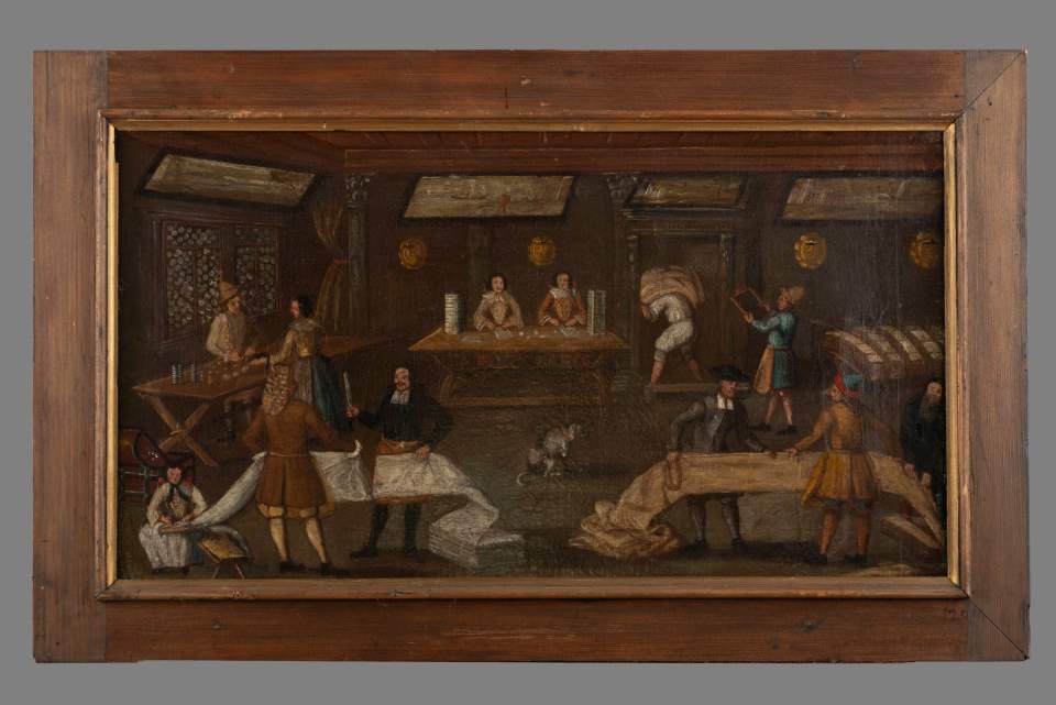 Älteste Bilderfolge zur Verarbeitung von Flachs zu Leinen, Leinwandzyklus (11 Bilder), Bild 7: Leinwandschau (verschiedene Arbeitsgänge bzw. Schauen auf einem Bild dargestellt)