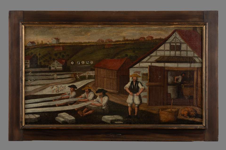 Älteste Bilderfolge zur Verarbeitung von Flachs zu Leinen, Leinwandzyklus (11 Bilder), Bild 8: Büechen - Walken /Waschen - Bleichen/Benetzen - Falten