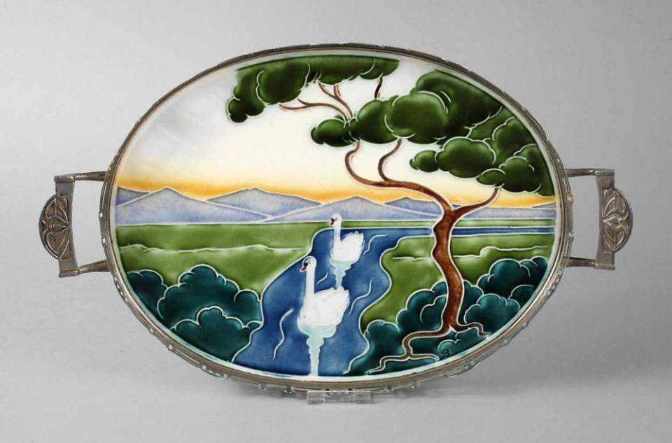 Vorlegeplatte, Tortenplatte, Jugendstil, Schwäne