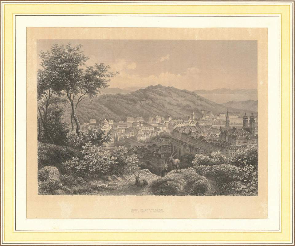 Stahlstich, St.Gallen von Süden; um 1850