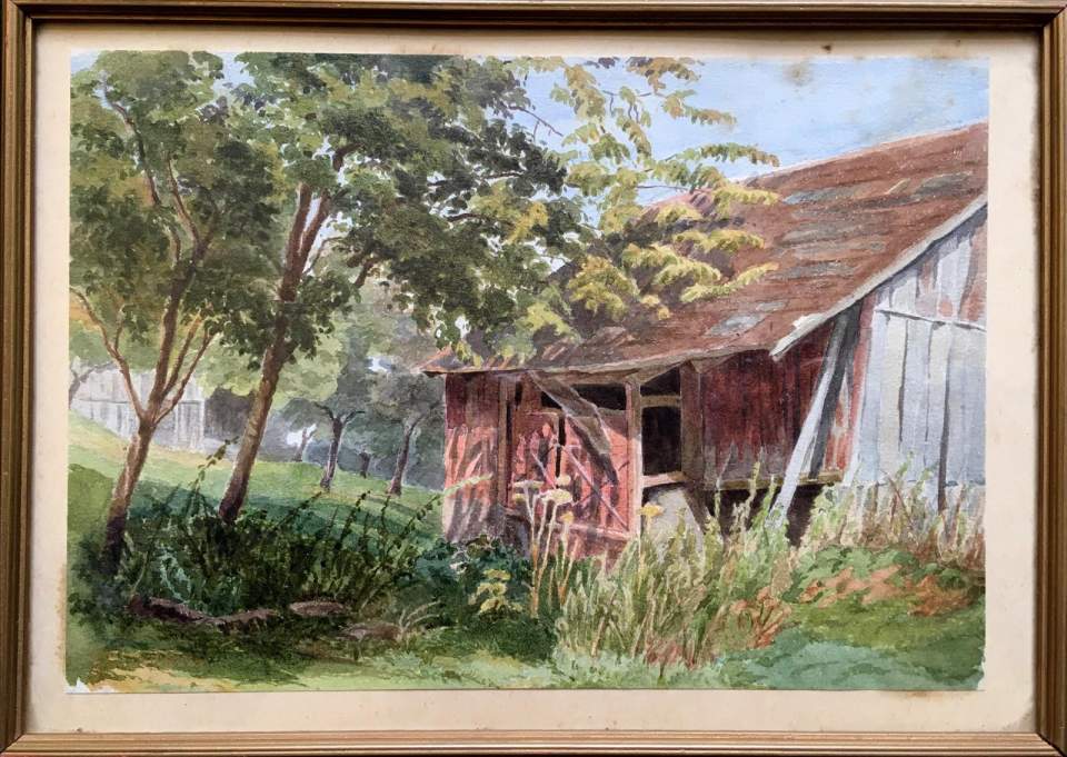 Aquarell, Skizze, Landschaft mit Scheune