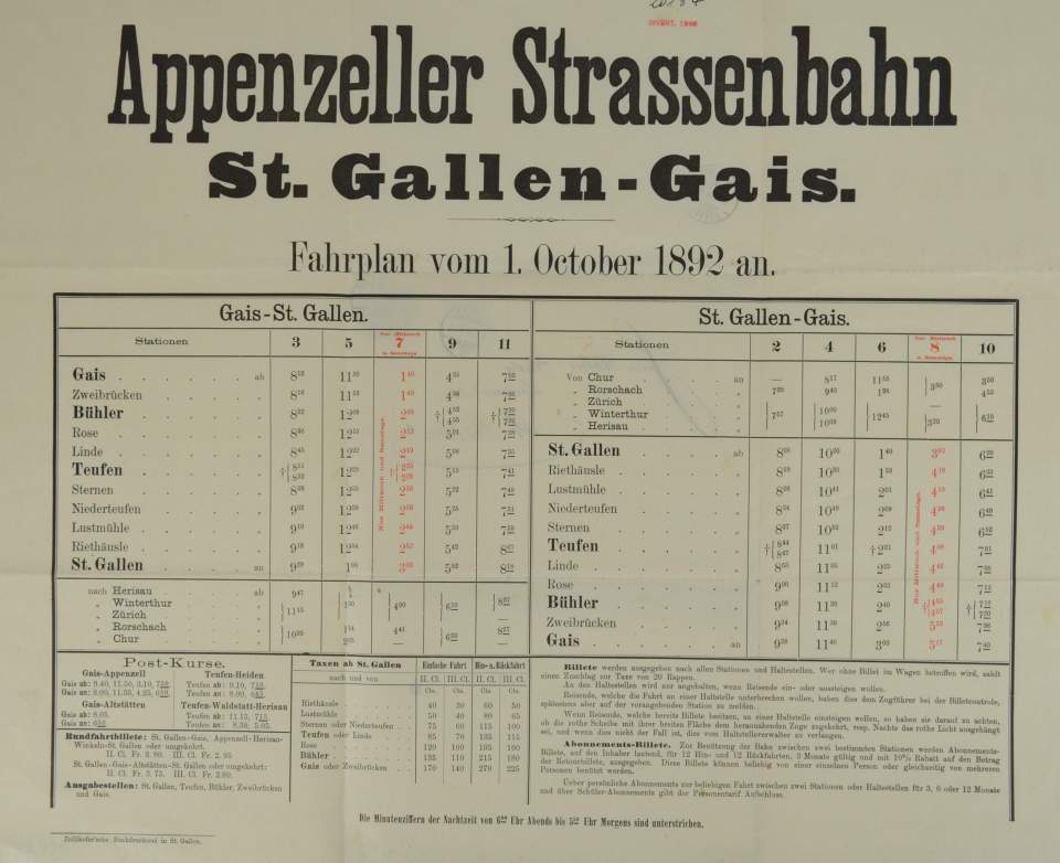 Plakatfahrplan der Appenzeller Strassenbahn, St. Gallen - Gais, 1. 10. 1892