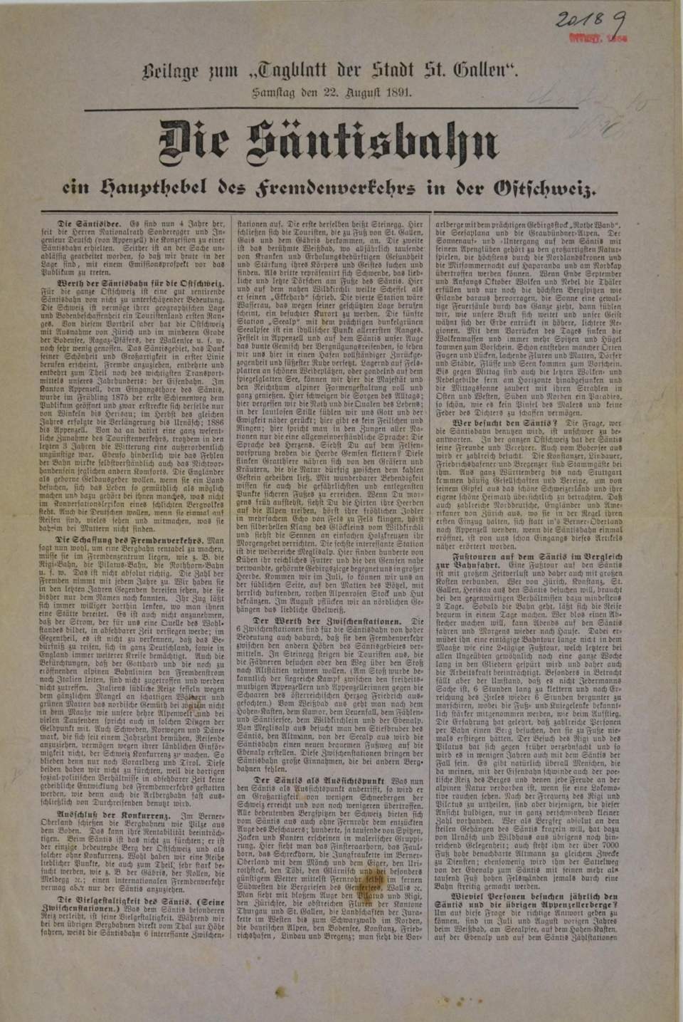 Prospekt für die Aktienzeichnung der Säntisbahn, St. Galler Tagblatt  22. 8. 1891