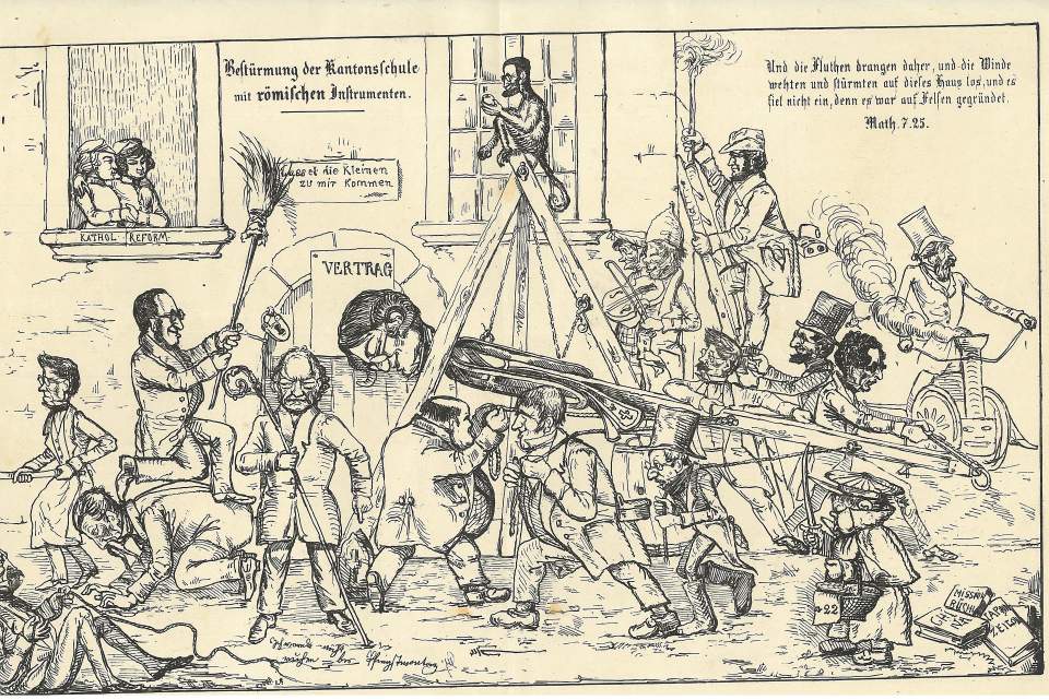 Druck, Illustration zur Bestürmung der Mischschule