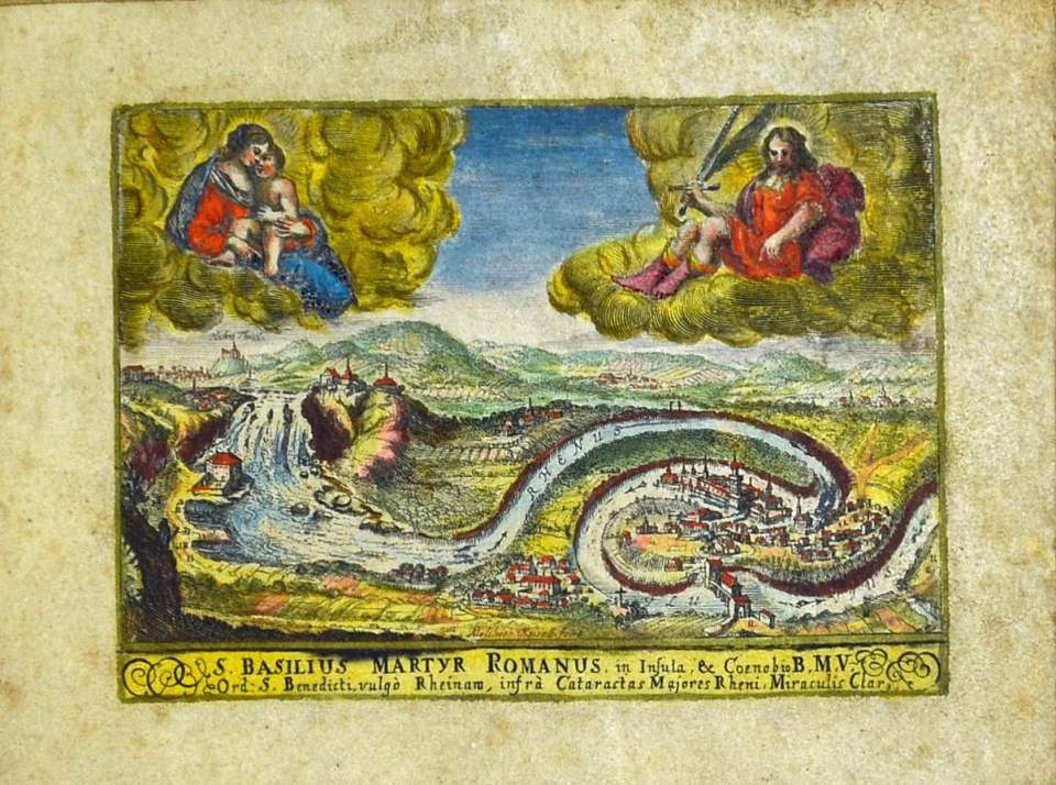 Kolorierter Stich Rheinau, Rheinfall, Heiligenfiguren