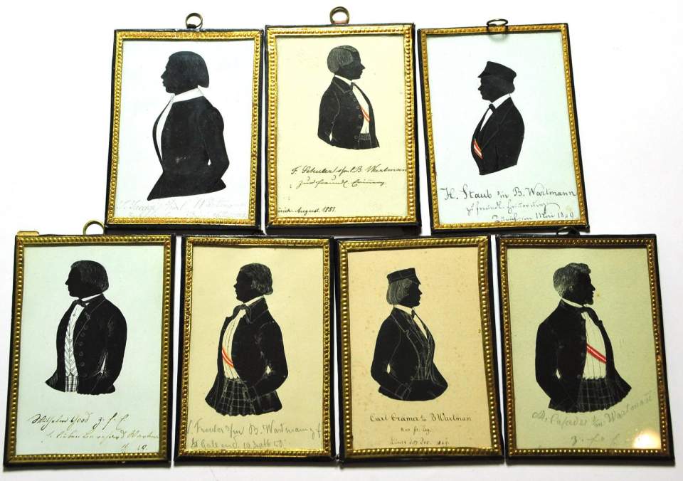 7 Schattenrisse von Studienfreunden von Bernhard Wartmann um 1850