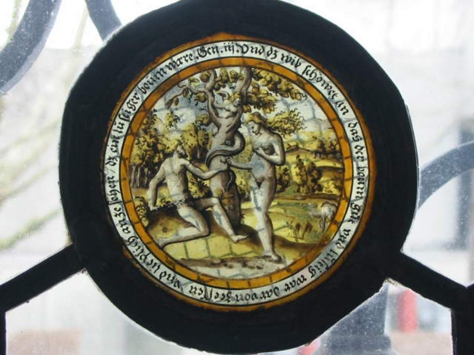 Figurenscheibe mit Adam und Eva, Monolithrundscheibe, Glasgemälde