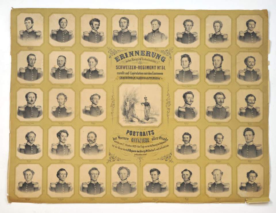 Karton mit aufgeklebten Poträts, Erinnerung an das Königlich Niederländische Schweizer Regiment Nr. 31.