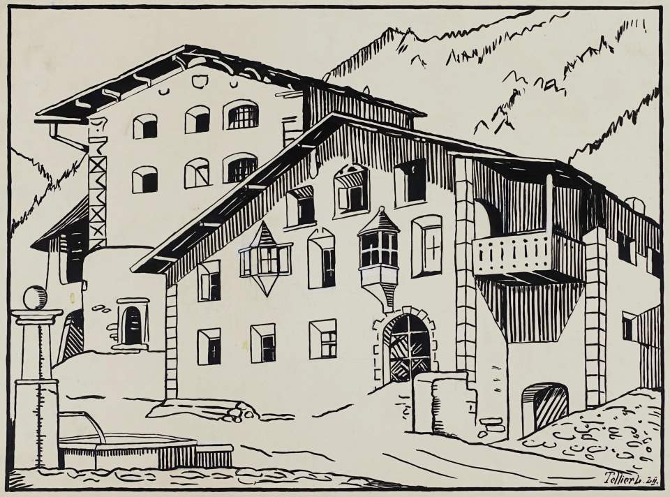 10 Schweizer Haustypen, von Lucien Tellier, Tuschezeichnungen (?)