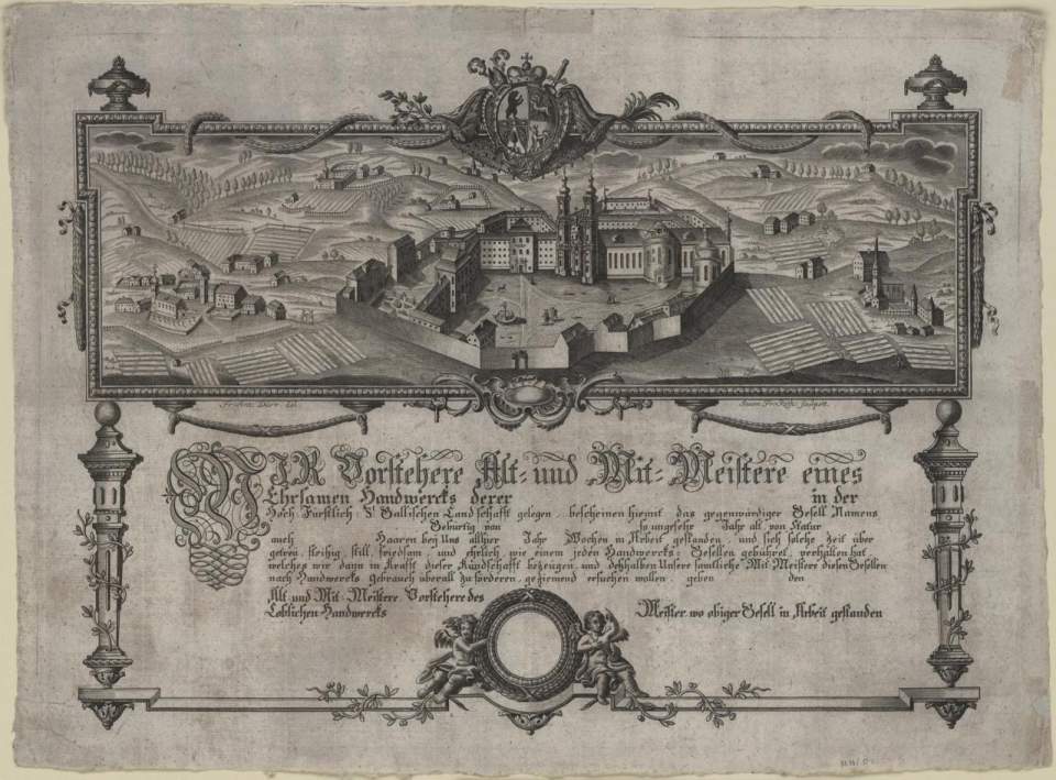 Gesellenbrief Kloster St.Gallen, Ansicht Kloster mit Bleichen