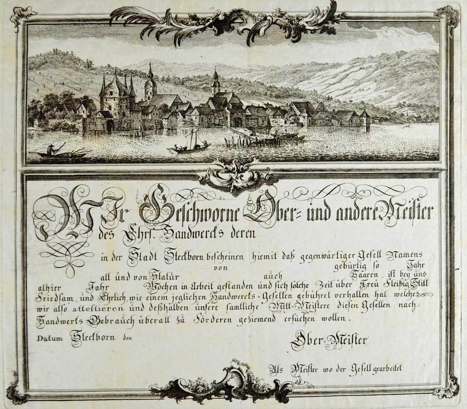 Gesellenbrief mit Ansicht von Steckborn