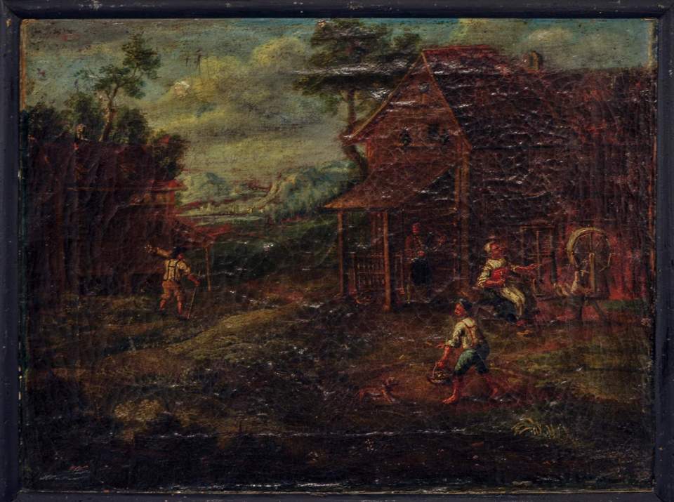 Ölgemälde Spulen, Zetteln, mit Kettbaum zum Weben, Leinwandzyklus
