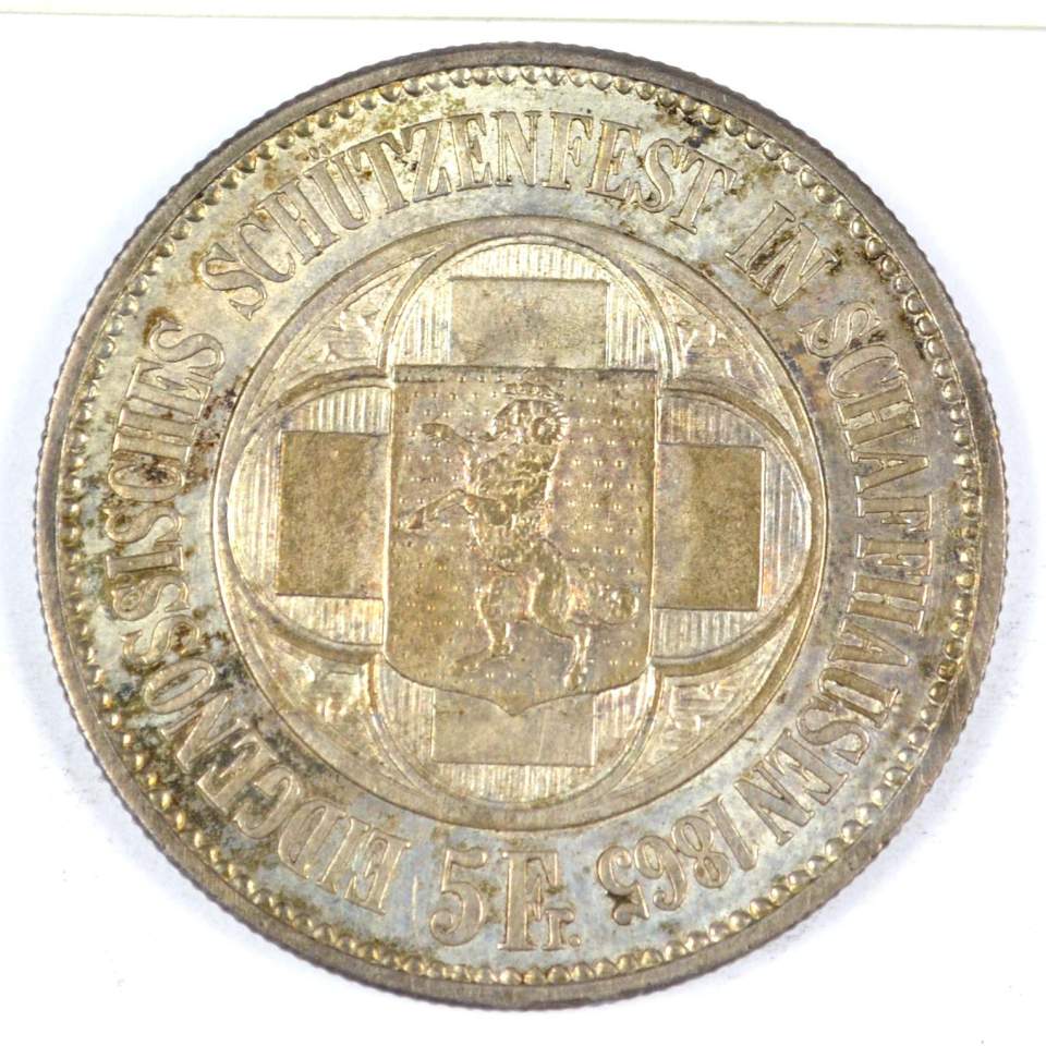 2 Schützentaler 5 Franken, Eidgenössisches Schützenfest in Schaffhausen 1865