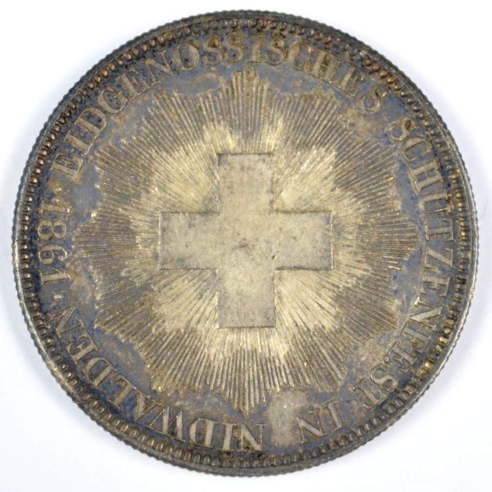 2 Schützentaler 5 Franken, Eidgenössisches Schützenfest in Stans 1861