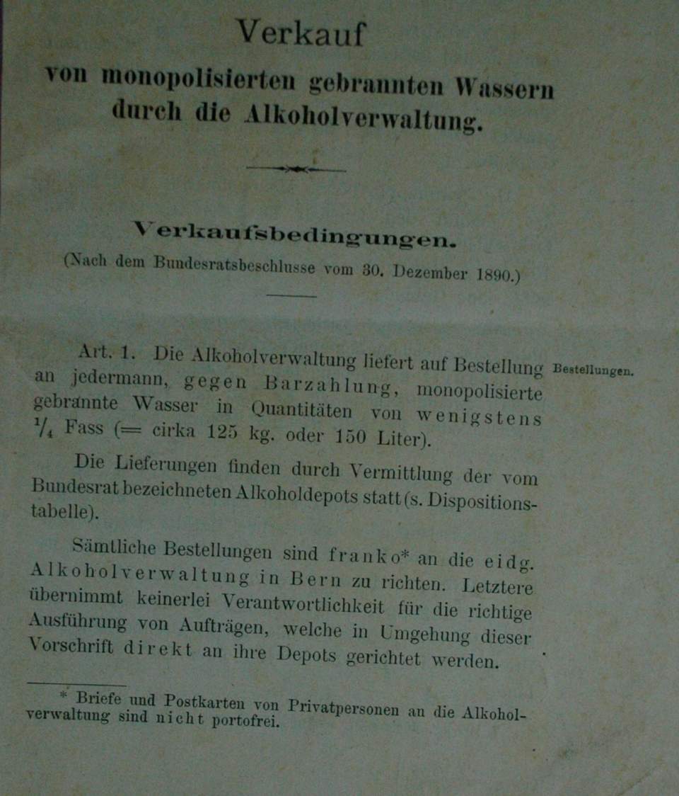 Druckschrift Alkoholverwaltung (1890)