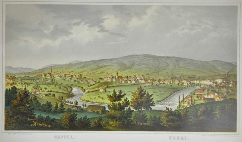 Lithografie, Ansicht von Kappel und Ebnat