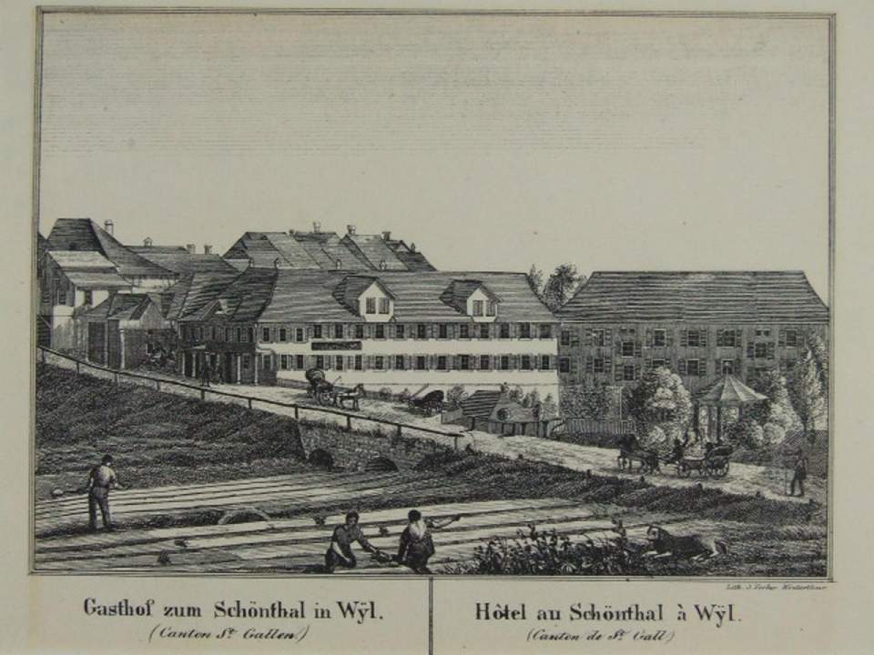 Grafik, Ansicht des Gasthauses zum Schönthal in Wil
