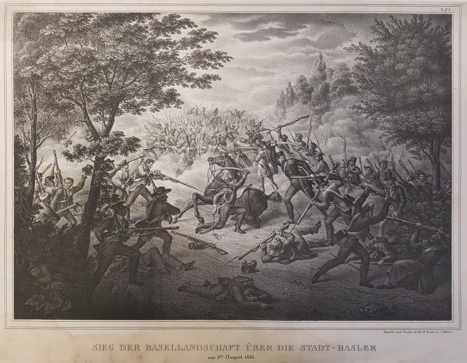 Eine Lithographie Sieg der Basellandschaft über die Stadt Basler