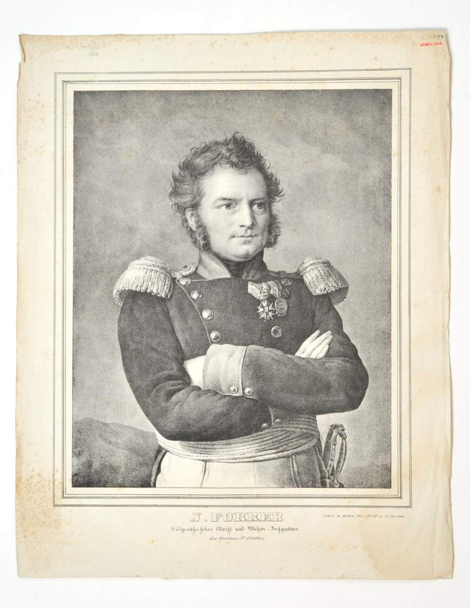 Eine Lithographie Porträt J. Forrer, Eidgenössischer Oberst