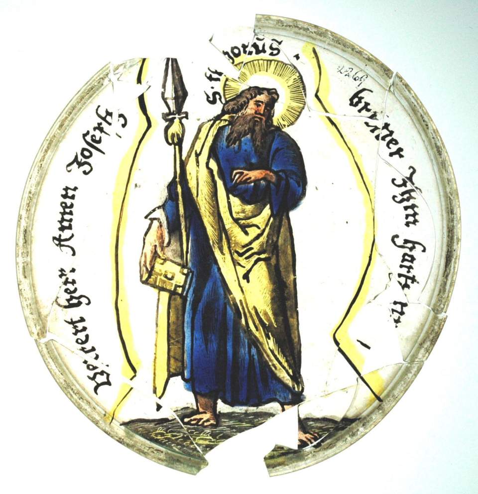 Figurenscheibe von Joseph Brunner (Apostel Thomas), Monolithrundscheibe, Glasgemälde